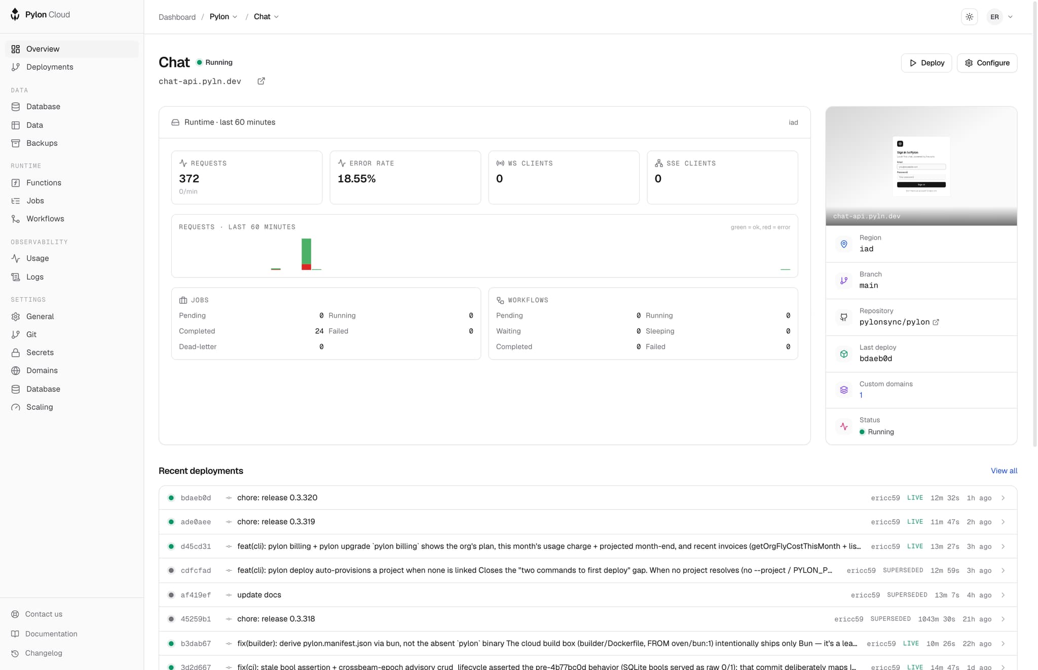 Pylon Cloud dashboard — project overview with deployments, machine status, and live metrics